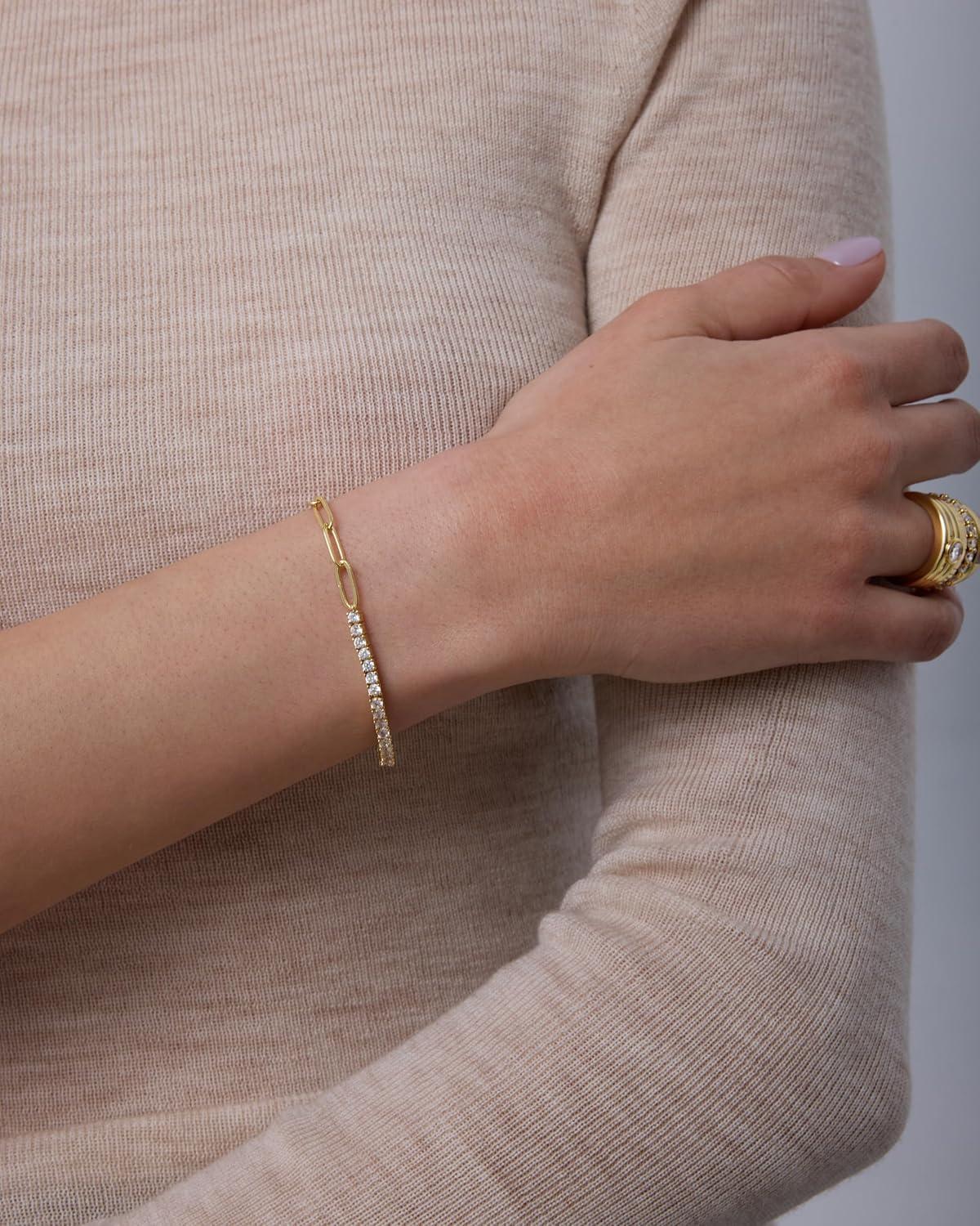 image:imagePAVOI 14K Gold Plated Paperclip Tennis Bracelets for Women Link Chain Gold Bracelet for Women with Cubic Zirconia Adjustable Trendy Bridal JewelryYellow Gold