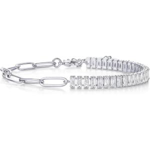 PAVOI 14K Gold Plated Paperclip Tennis Bracelets for Women – Link Chain Gold Bracelet for Women with Cubic Zirconia – Adjustable Trendy Bridal Jewelry(White Gold)