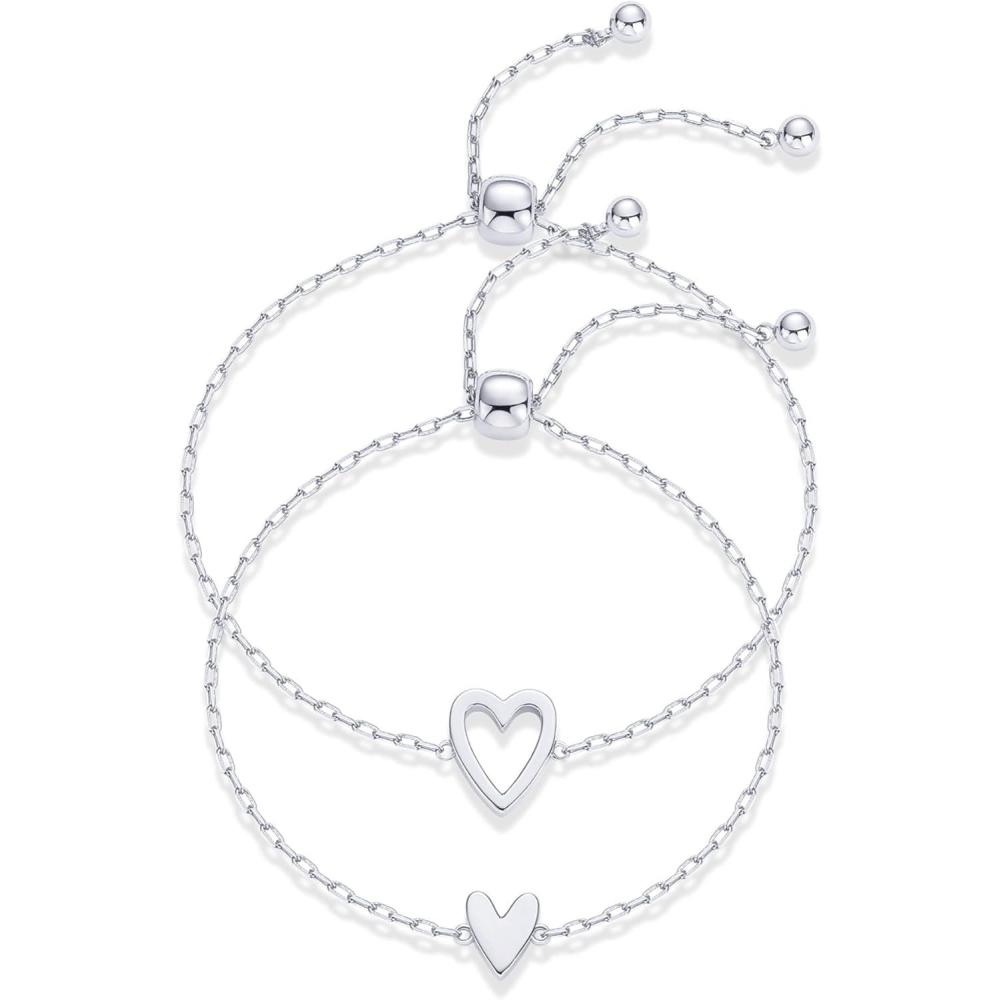 image:imagePAVOI 14K Gold Plated Matching Heart Charms Solitaire Bracelet Set for Women Adjustable Valentines Day Love Friendship Two Bracelet Pack2Piece Set