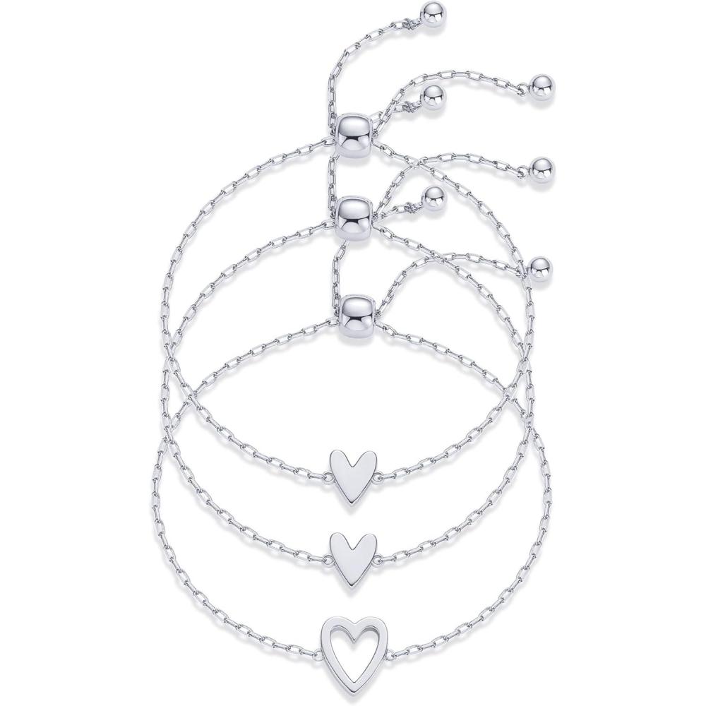 image:imagePAVOI 14K Gold Plated Matching Heart Charms Solitaire Bracelet Set for Women  Adjustable Valentines Day Love Friendship Two Bracelet Pack3Piece Set