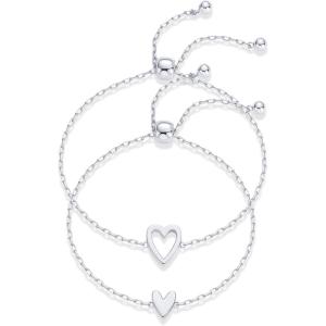 PAVOI 14K Gold Plated Matching Heart Charms Solitaire Bracelet Set for Women | Adjustable Valentines Day Love Friendship Two Bracelet Pack(2-Piece Set)