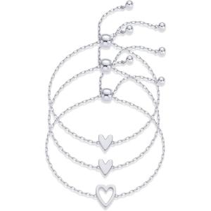 PAVOI 14K Gold Plated Matching Heart Charms Solitaire Bracelet Set for Women | Adjustable Valentines Day Love Friendship Two Bracelet Pack(3-Piece Set)