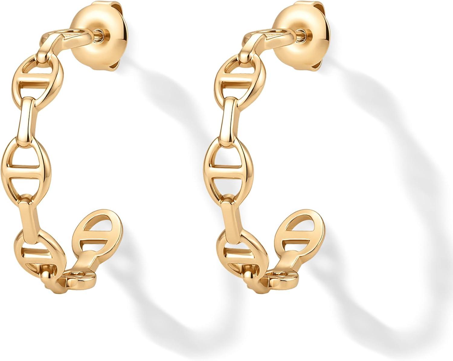 image:imagePAVOI Waterproof Chain Hoop Earrings for Women 14K Gold Plated Anchor Link Huggie Hoop Chain Earrings Stainless Steel Lightweight Statement JewelryYellow Gold