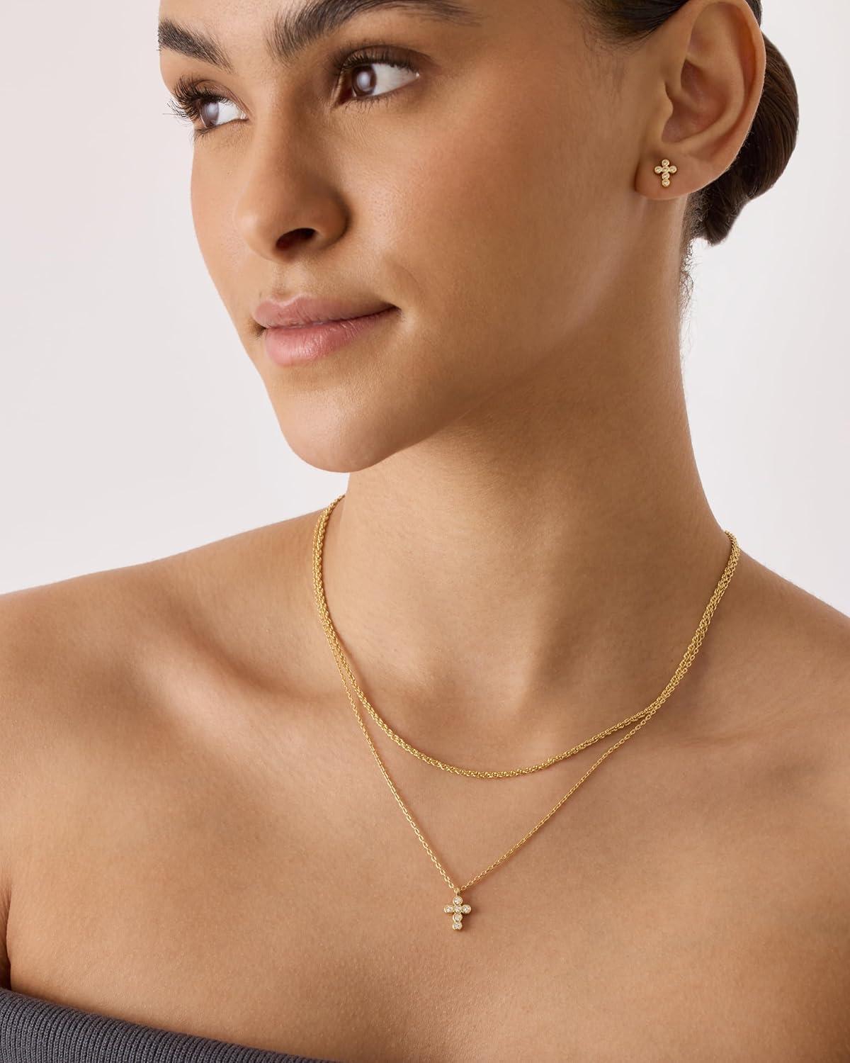 image:imagePAVOI 14K Gold Plated Cross Necklace and Earring Set for Women Cubic Zirconia Religious Faith Jewelry Pack with Pendant Necklace and Stud EarringsWhite Gold