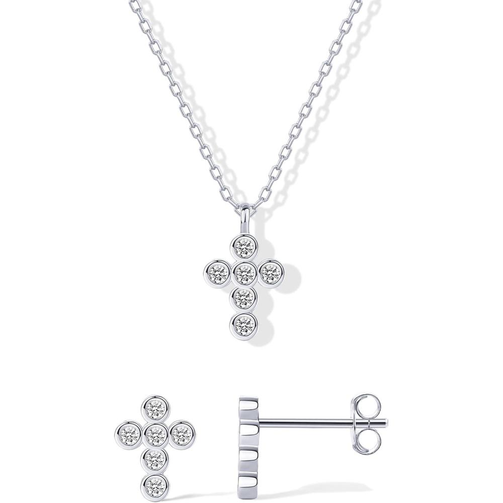 image:imagePAVOI 14K Gold Plated Cross Necklace and Earring Set for Women  Cubic Zirconia Religious Faith Jewelry Pack with Pendant Necklace and Stud EarringsWhite Gold