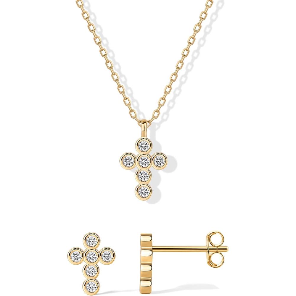 image:imagePAVOI 14K Gold Plated Cross Necklace and Earring Set for Women Cubic Zirconia Religious Faith Jewelry Pack with Pendant Necklace and Stud EarringsYellow Gold