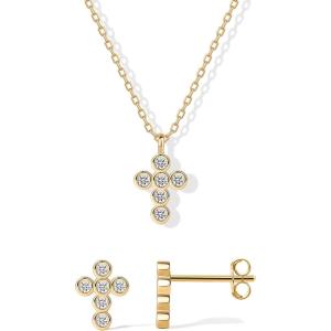 PAVOI 14K Gold Plated Cross Necklace and Earring Set for Women | Cubic Zirconia Religious Faith Jewelry Pack with Pendant Necklace and Stud Earrings(Yellow Gold)