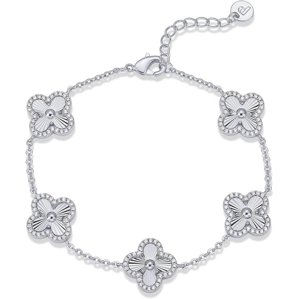 image:imagePAVOI 14K Gold Plated Bracelet for Women Lucky Charm Four Leaf Clover Bracelet Station with Cubic Zirconia Hypoallergenic Trendy Fashion Stackable Clover JewelryWhite Gold