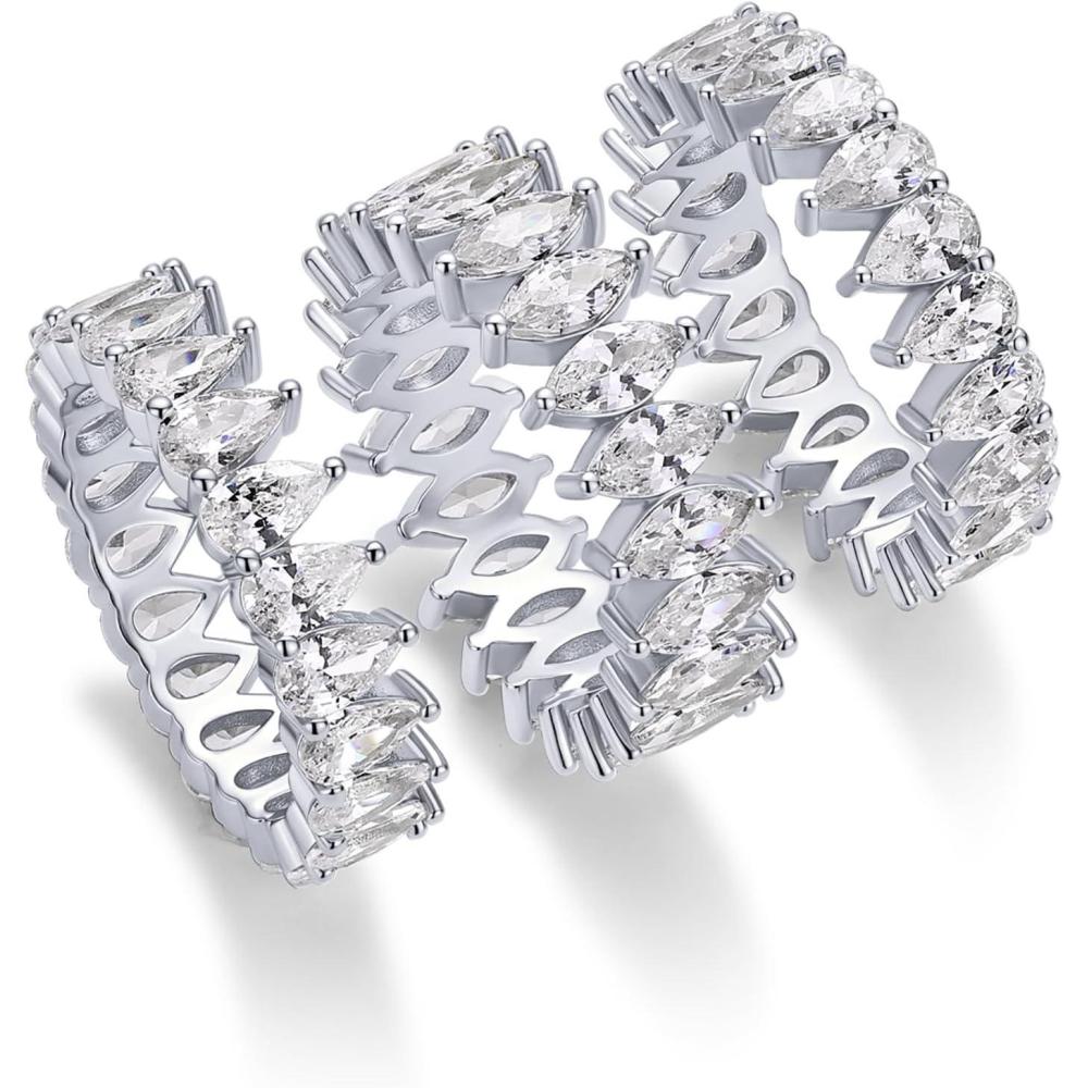 image:imagePAVOI 14K Gold Plated Eternity Ring Set 3 Ring Pack Stackable Wedding Bands for Women with Cubic Zirconia Pear amp Marquise CZ Eternity Band Hypoallergenic Statement Bridal JewelryWhite Gold