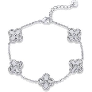 PAVOI 14K Gold Plated Bracelet for Women – Lucky Charm Four Leaf Clover Bracelet Station with Cubic Zirconia – Hypoallergenic Trendy Fashion Stackable Clover Jewelry(White Gold)