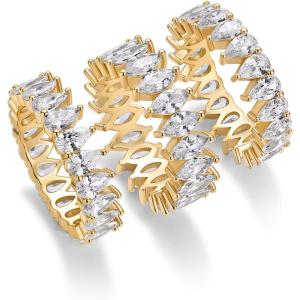 PAVOI 14K Gold Plated Eternity Ring Set – 3 Ring Pack Stackable Wedding Bands for Women with Cubic Zirconia – Pear & Marquise CZ Eternity Band Hypoallergenic Statement Bridal Jewelry(Yellow Gold)